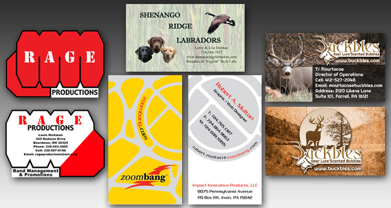Rage Productions, Shenango Ridge Labradors, Zoombang&reg;, & RAM Horn Productions business cards