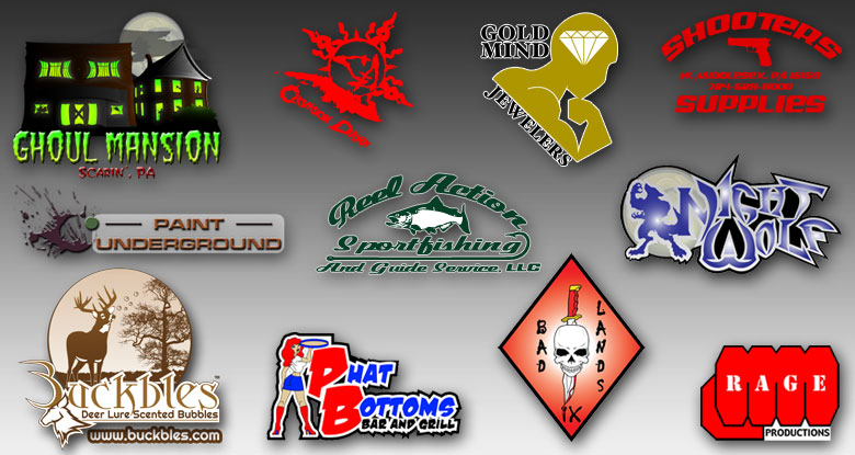 Ghoul Mansion, Crimson Dawn, Rage Productions, Shooters Supplies, Paint Underground, Reel Action Sportfishing, Night Wolf, Gold Mind Jewelers, Lone Wolf Comics, Bad Lands, & Phat Bottoms logos